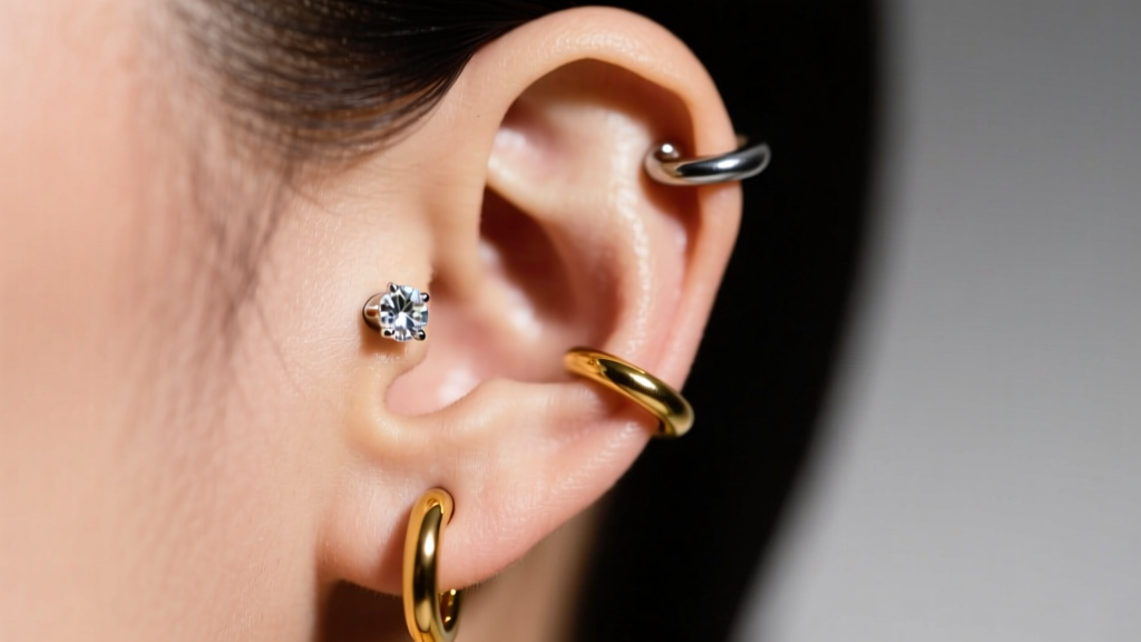 Close-up of an ear with three piercings styled with a gold huggie, diamond stud, and titanium helix hoop under soft studio lighting