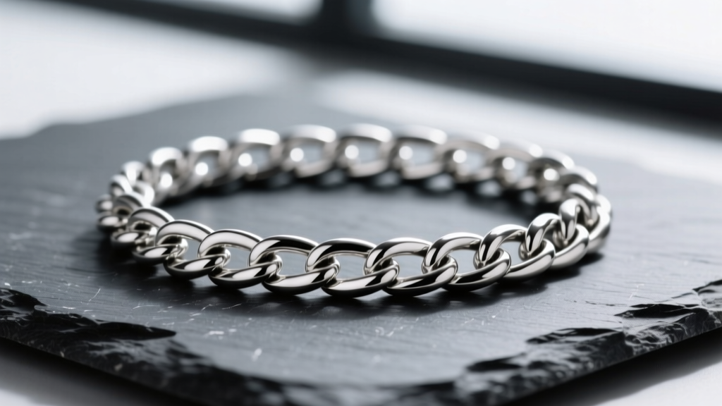 Macro photography of a 3mm thick sterling silver Cuban link chain resting on dark slate, highlighting the interlocking link detail