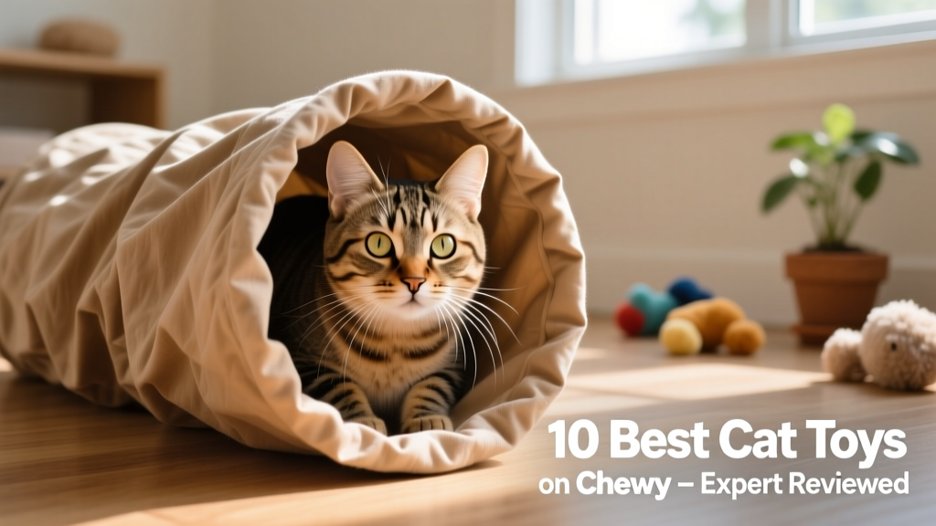 A cat peering out from one window of a crinkly fabric tunnel
