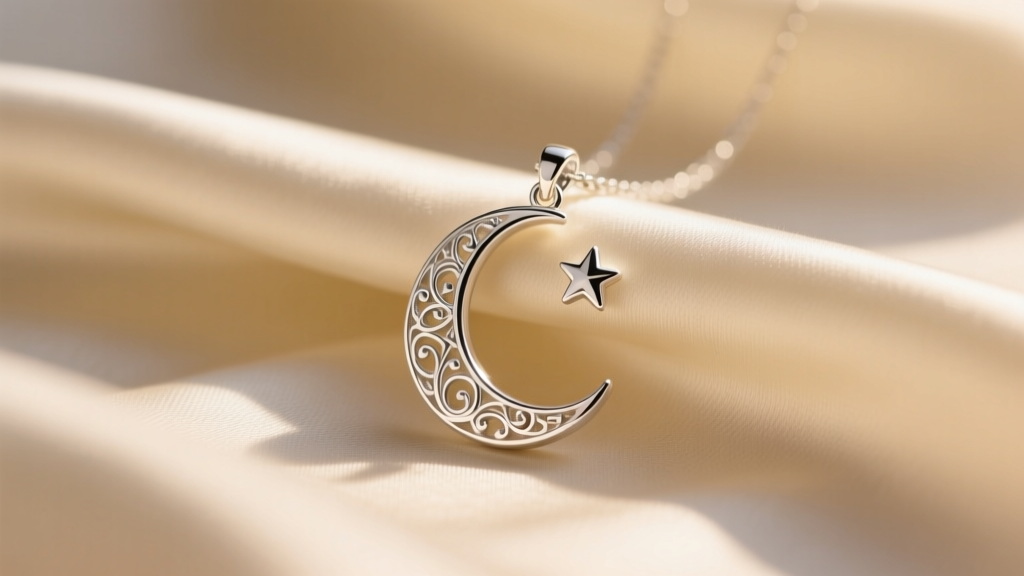 Sterling silver crescent moon pendant with a tiny star resting on cream silk fabric under warm soft directional studio lighting