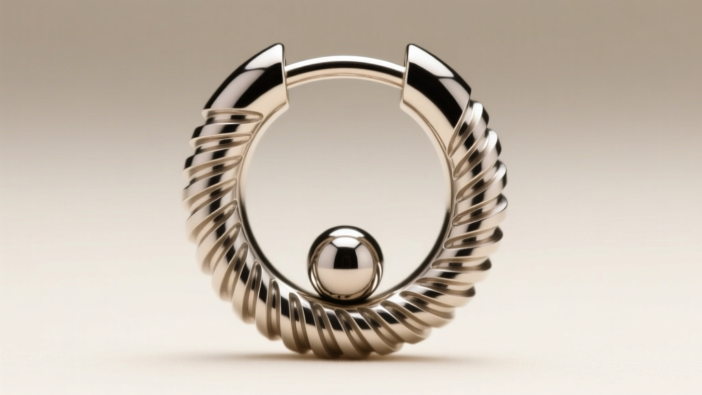 Macro shot of an internally threaded titanium barbell hoop earring showing smooth internal screw threads and a polished bead.
