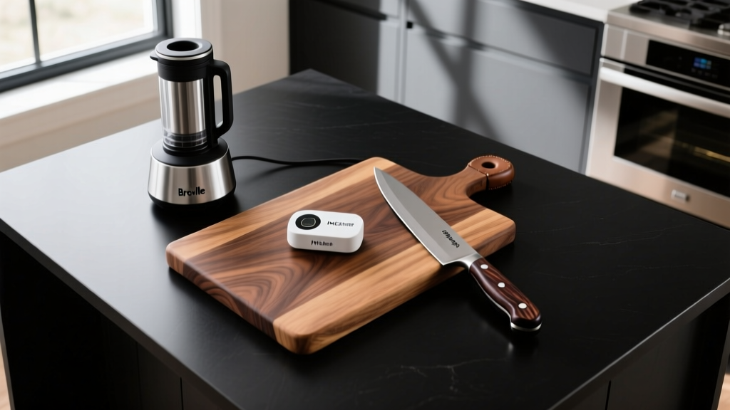 Overhead view of a matte black kitchen island featuring a Breville Joule sous vide, MEATER Block, and Wusthof chef knife on a walnut cutting board