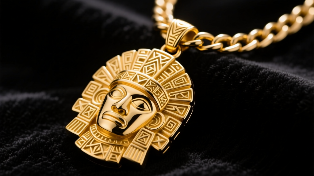 Close-up of a massive gold tribal chief pendant resting on a thick 8mm Cuban link chain against a dark velvet background