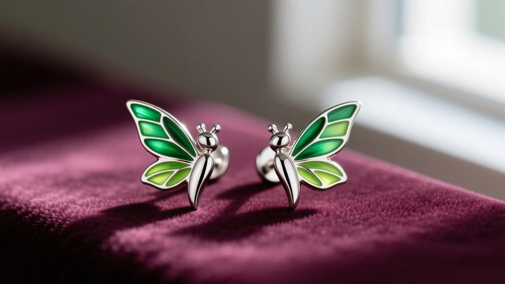 Macro shot of delicate Tinker Bell stud earrings made of polished titanium with vibrant green enamel wings, resting on velvet.