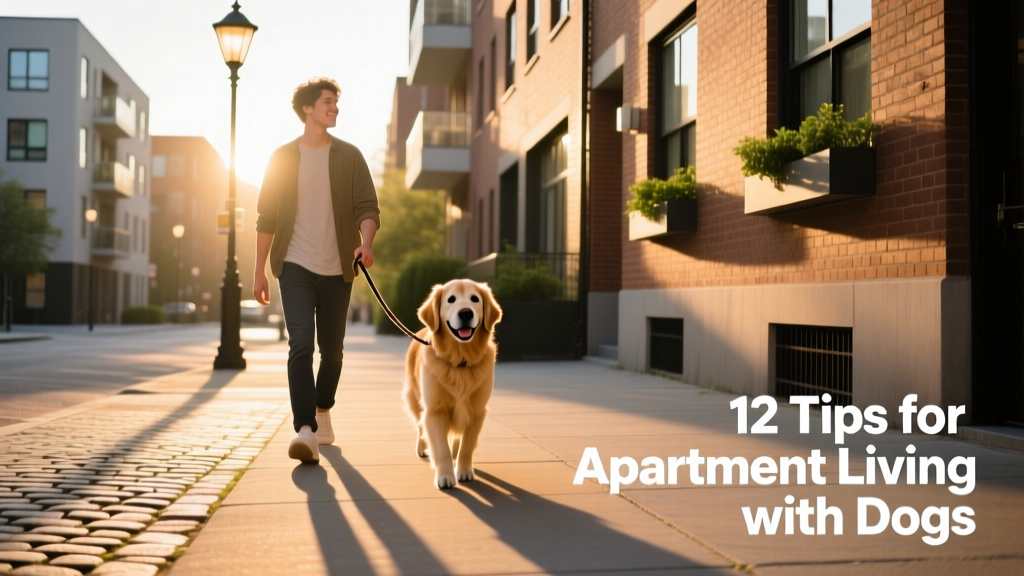 A person walking their dog down a quiet city sidewalk during golden-hour light, showing harmonious urban cohabitation