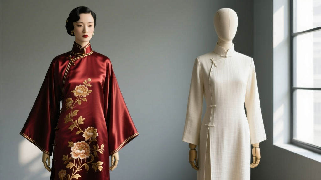 A side-by-side comparison of a 1920s traditional silk changshan and a 2026 modern linen-blend changshan with a slimmer silhouette.