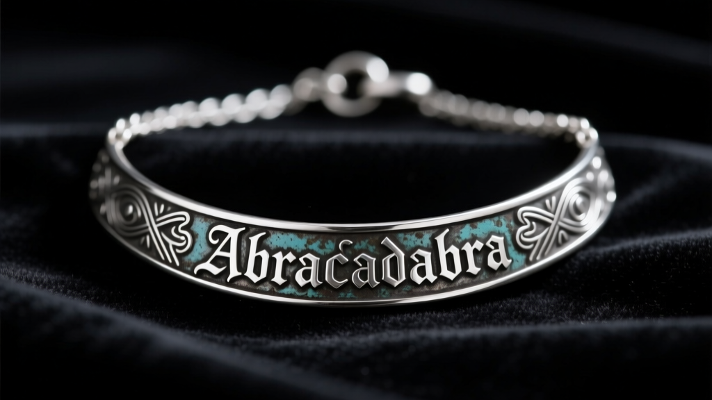 Oxidized sterling silver abracadabra necklace on black velvet, showing polished text under dim studio lighting.