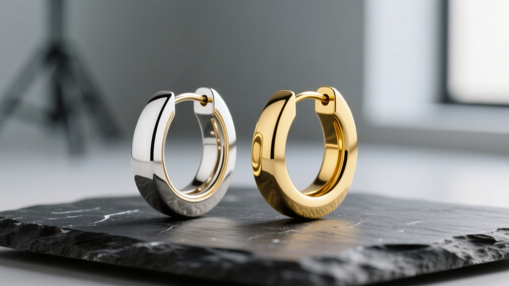 Macro shot of two-tone white and yellow gold hoop earrings on dark slate under soft lighting, highlighting mixed metal textures.