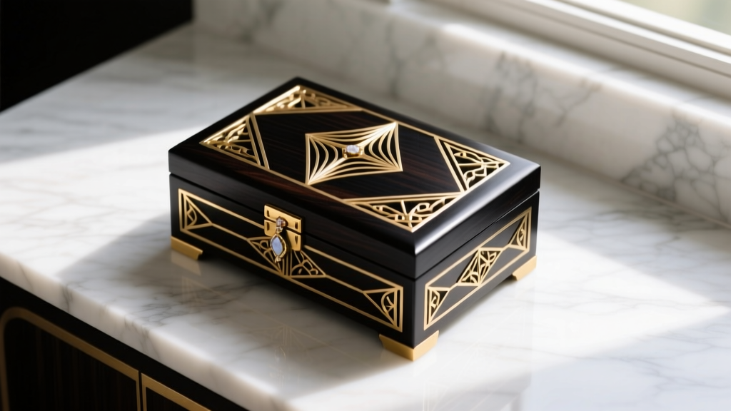 Top-down view of an art deco jewelry box in ebony with brass inlays on a white marble vanity, lit by soft natural window light.