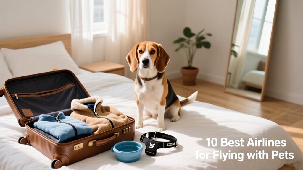 A Beagle sitting on a bed next to an opened suitcase containing packed clothes