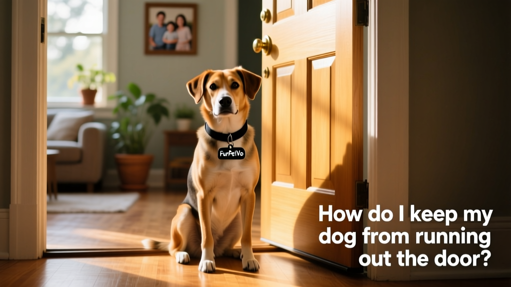 Dog sitting calmly beside a slightly open front door, wearing a collar with a FurPetVo tag