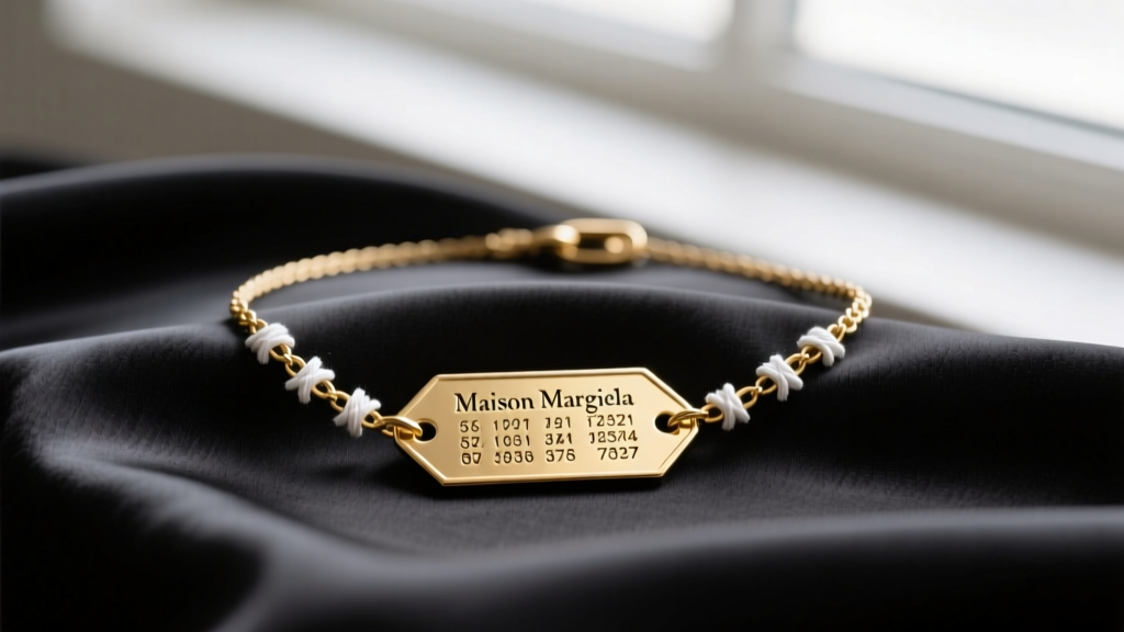Maison Margiela gold-tone ID tag necklace on dark silk, showing engraved serial numbers and four white stitches.