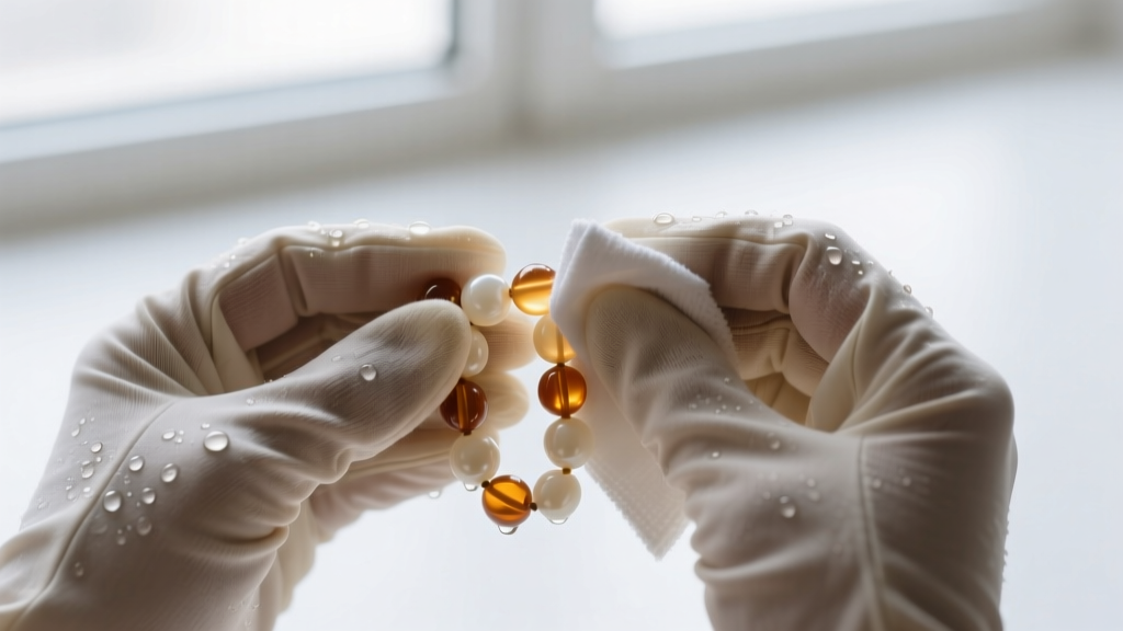 Cotton-gloved hands gently wiping cloudy vintage celluloid beads with a damp microfiber cloth under bright, natural window light.
