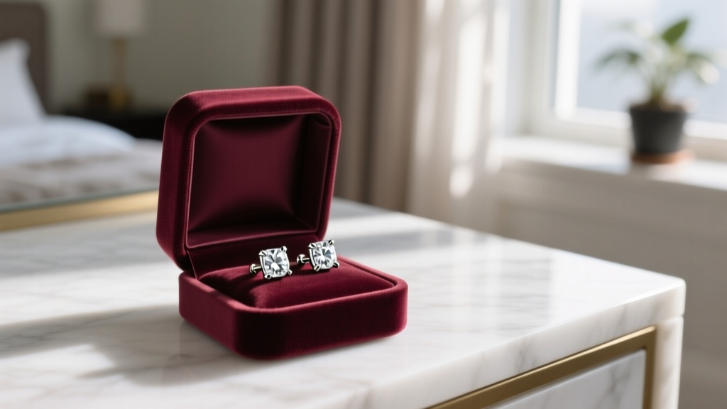 Open velvet box on a marble vanity displaying 18-gauge titanium stud earrings with bezel diamonds in soft morning window light