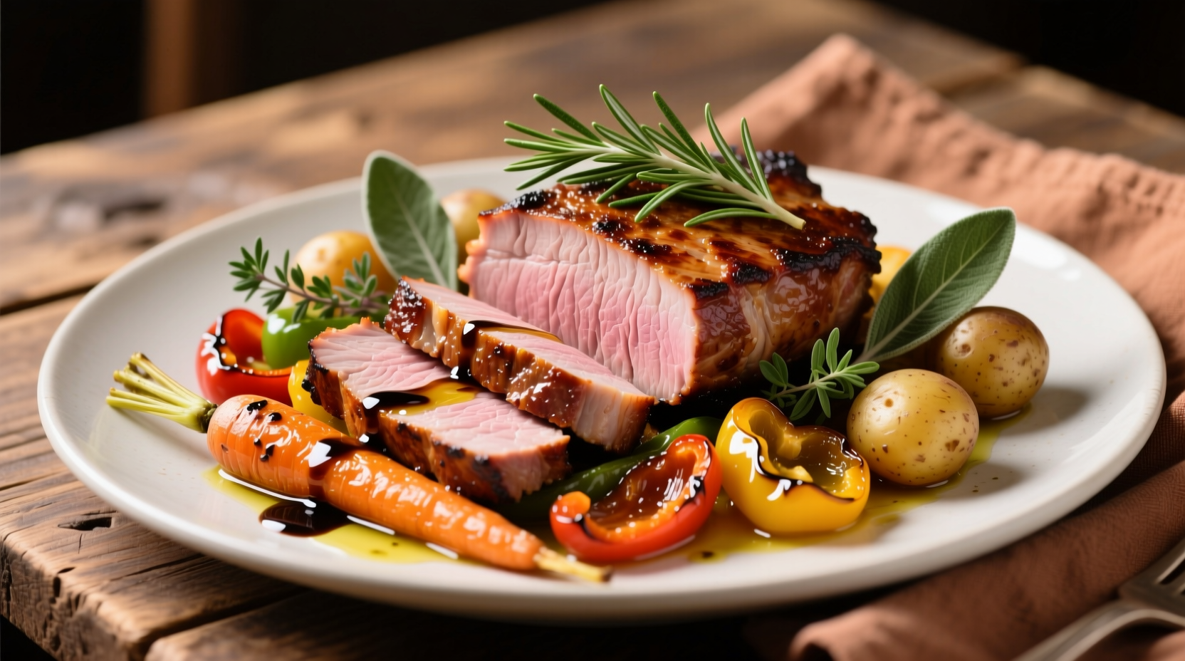 Sliced tender pork loin with herbs and roasted vegetables