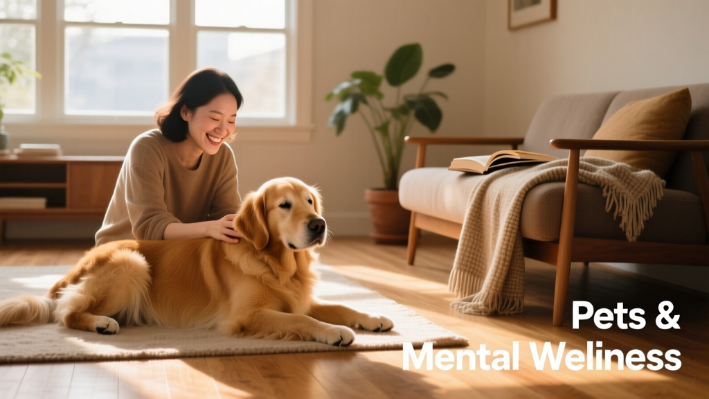 A person smiling while gently petting a calm golden retriever on a sunlit living room floor