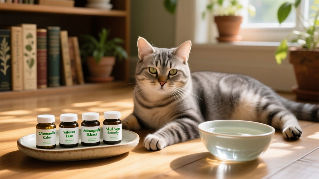 A serene indoor scene showing a relaxed cat resting beside a small tray of fresh, labeled herbal supplements and a water bowl