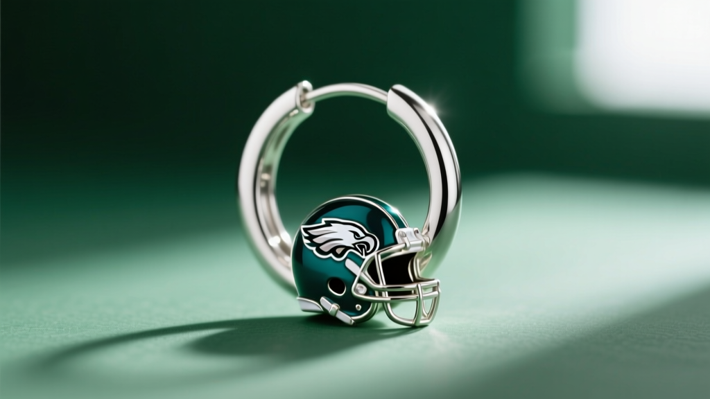 Macro shot of a silver hoop earring with an enameled Philadelphia Eagles helmet charm against a softly blurred dark green backdrop