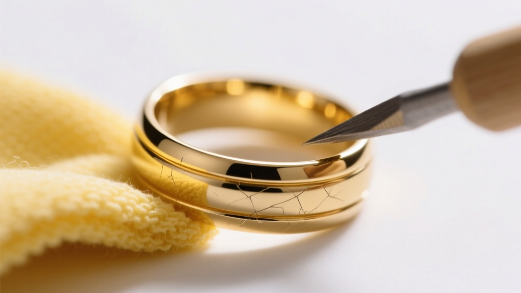 Macro shot of a gold-filled ring polished with a yellow microfiber cloth, highlighting the restored bright yellow metallic luster