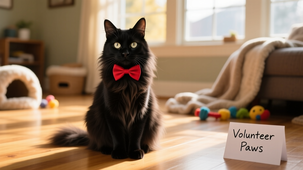 a long-haired black therapy cat wearing a red bow tie
