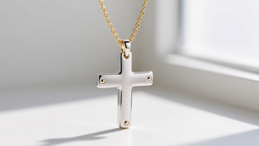 Silver sideways cross pendant fitted with two small soldered bails to stop horizontal rotation on a delicate 14k gold chain