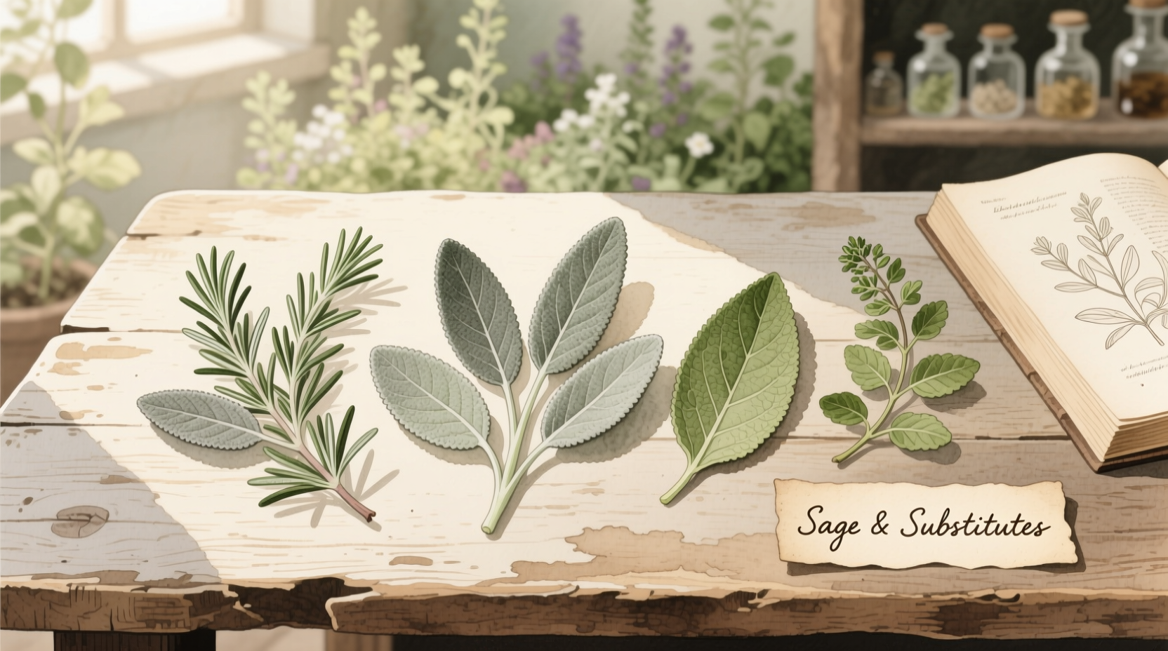 Sage leaves next to common substitute herbs