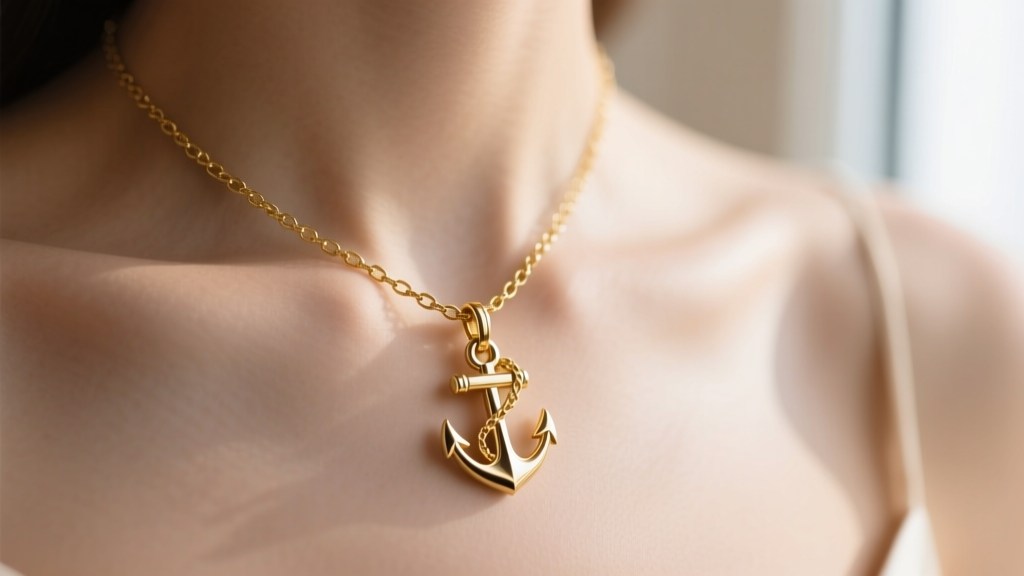 Gold mariner chain linking through the bail of a small anchor pendant, photographed against a softly blurred collarbone
