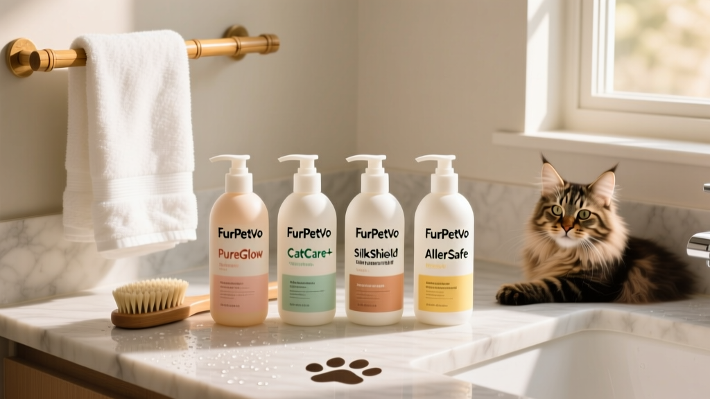Side-by-side comparison of four top-rated FurPetVo shampoos arranged neatly on a clean bathroom counter with towels and a brush