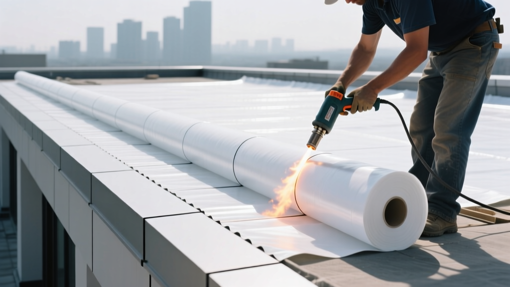 Commercial flat roof installation showing large rolls of white TPO membrane being welded at the seams by a contractor using a hot air gun