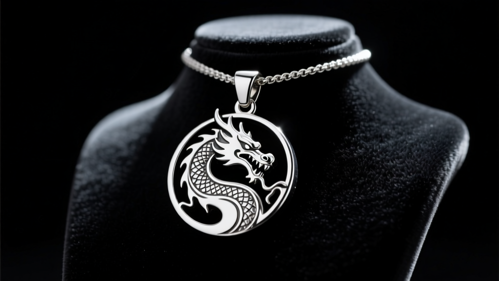 Polished 316L stainless steel Mortal Kombat dragon logo pendant resting on a black velvet display bust with dramatic side lighting