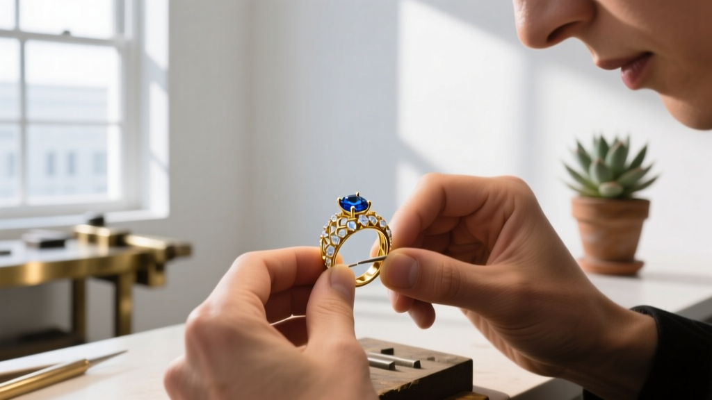 Jeweler's loupe examining a 2-carat total weight lab-grown diamond earring in a 14k white gold halo setting on a dark velvet pad