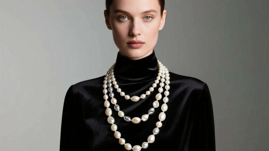 Model wearing a 36-inch baroque pearl necklace long style over dark silk, soft studio light highlighting organic pearl luster