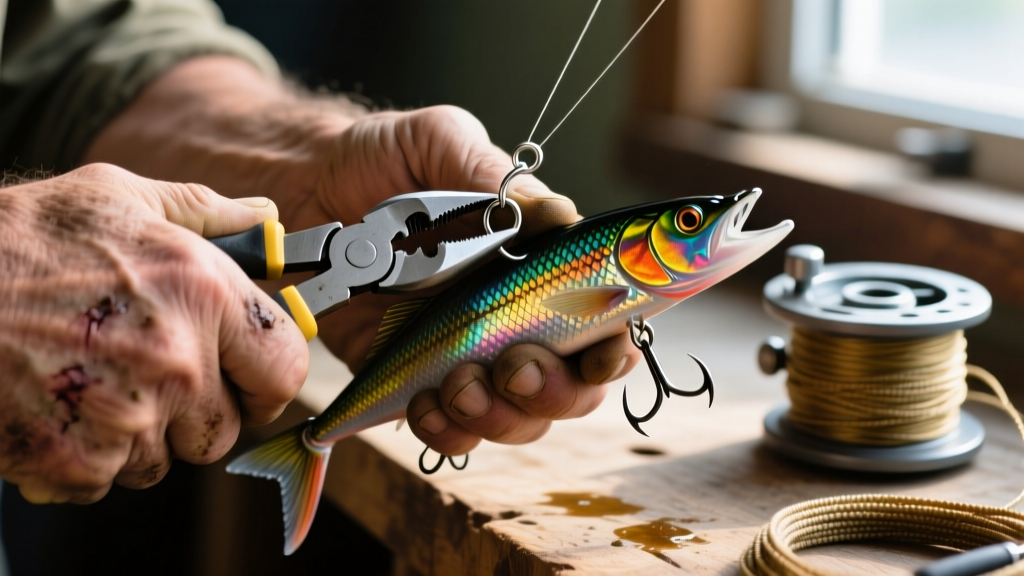 Weathered hands using tungsten carbide fishing pliers to crimp a split ring on a large saltwater lure, with a braided line spooler visible in the blurred background