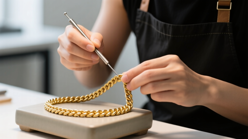 Close-up of a jeweler using a fine needle to untangle a delicate 30 inch gold rope chain on a matte ceramic bench in bright light