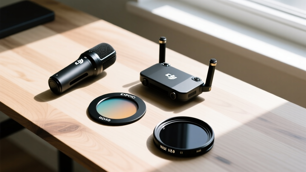 Overhead flat-lay of essential problem-solving camera gadgets including a DJI wireless mic, ExpoDisc, and NiSi night filter on a wooden desk.
