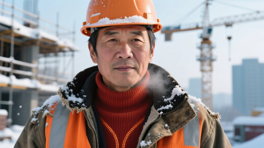 Close-up of a construction worker wearing a high-visibility thermal merino wool base layer under a heavy canvas work jacket at a snowy job site