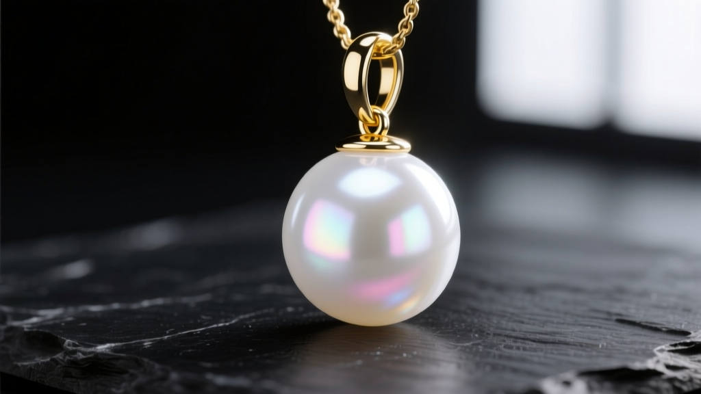 Macro shot of an 8mm white Akoya solitaire pearl pendant on dark slate, highlighting sharp luster and a 14k yellow gold bail.