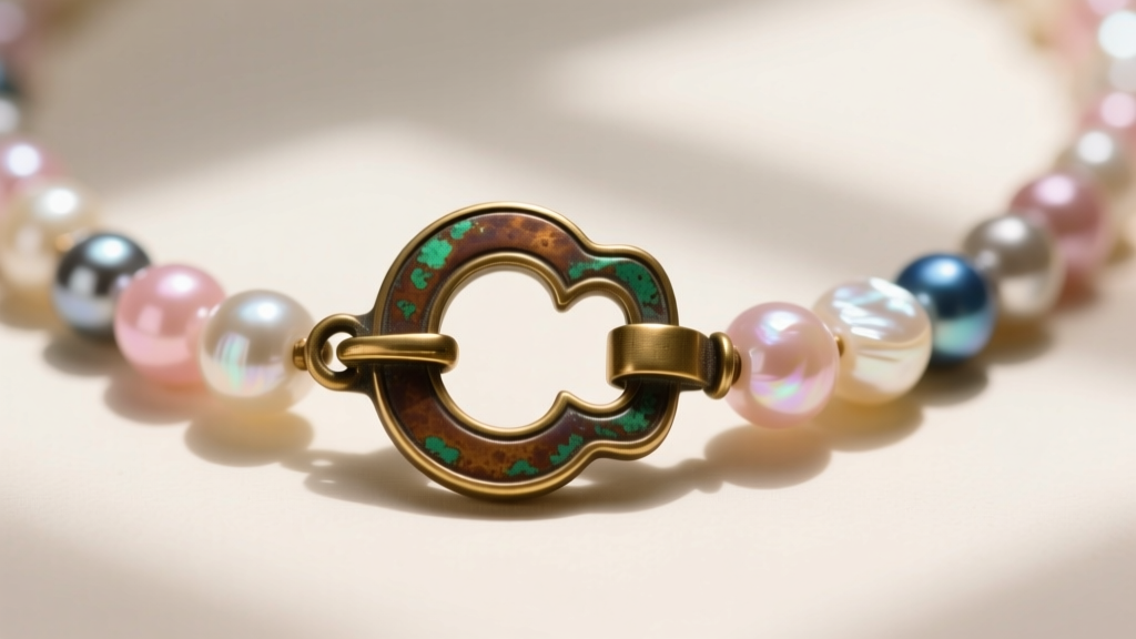 Macro photo of antique Edwardian brass C-clasp on a mother of pearl beaded necklace, showing heavy patina and no safety catch.