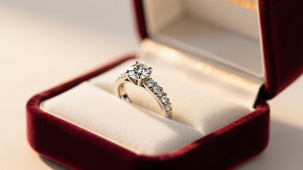 Open velvet box revealing a rhodium-plated white gold diamond ring resting on a microfiber cloth under soft warm lighting.