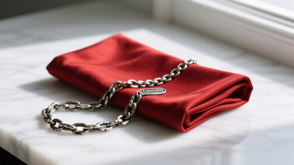 Folded red Connoisseurs jewelry polishing cloth resting next to a tarnished sterling silver chain on a white marble surface