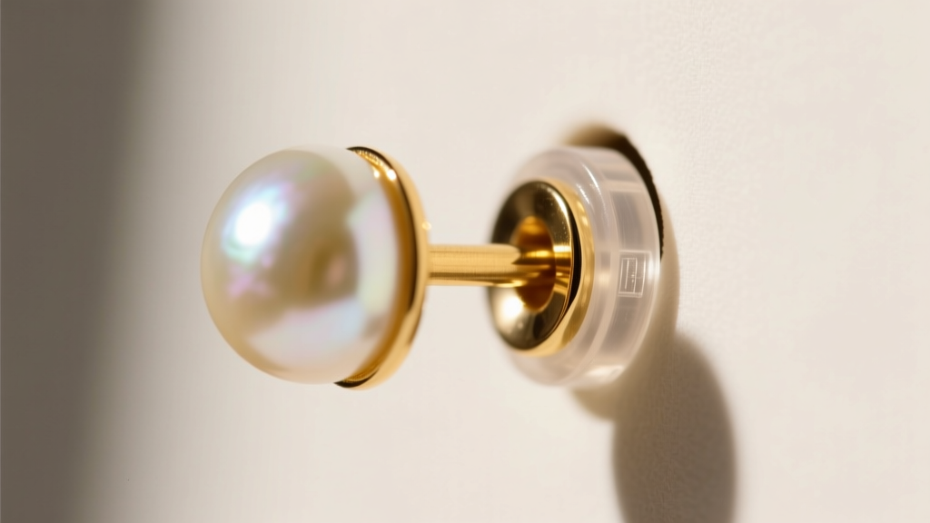 Macro shot of a 20-gauge gold earring post passing through a pearl jacket hole, secured with a clear silicone friction back.