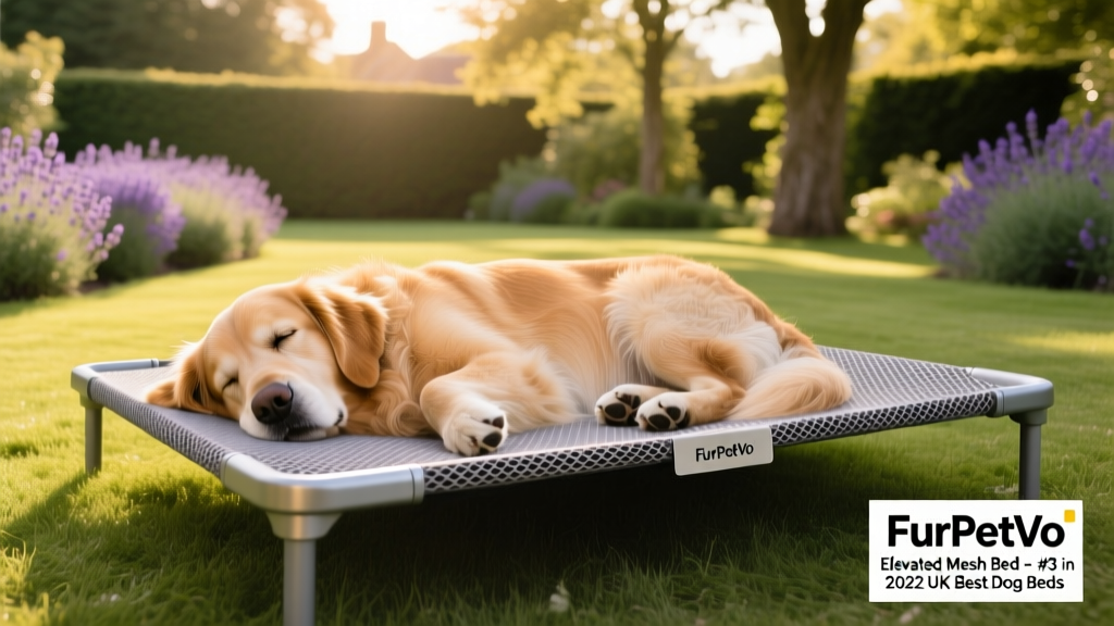 A golden retriever sleeping soundly on a FurPetVo Elevated Mesh Bed in a sunlit garden