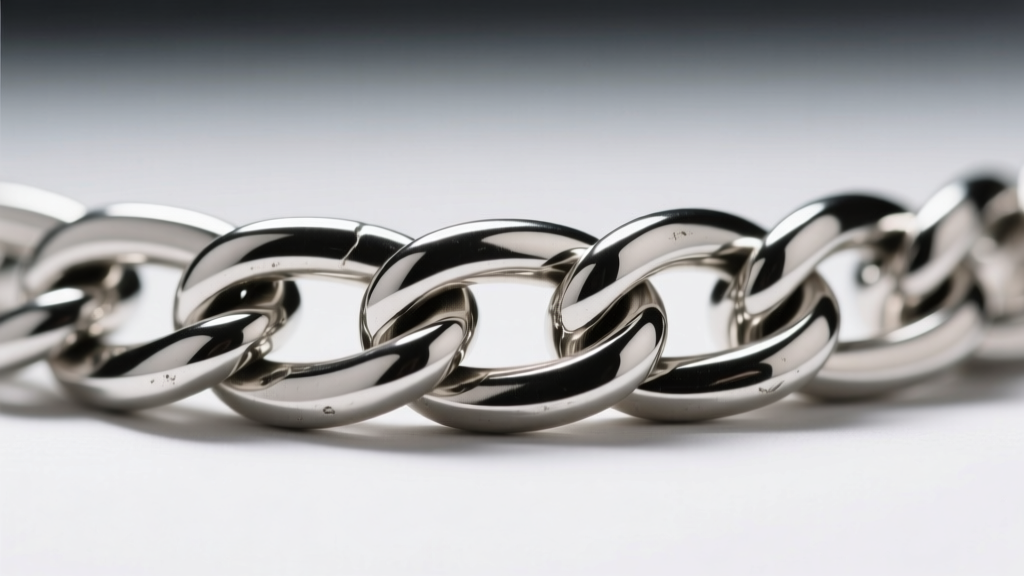 Macro photography style sketch of interlocking sterling silver curb chain links, highlighting the flattened geometry and shadows.