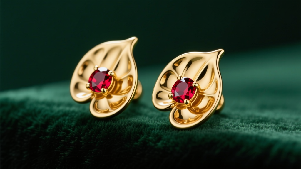 Macro shot of 14k gold anthurium flower stud earrings with a ruby center, resting on dark green velvet under soft studio lighting.