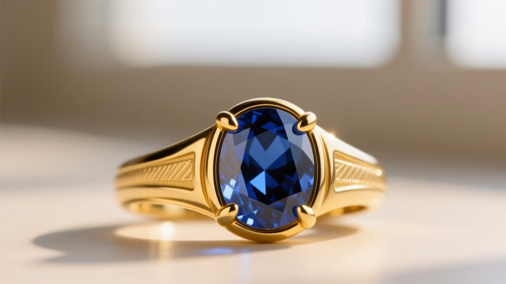 Macro shot of a 14k yellow gold signet ring with a bezel-set oval sapphire, highlighting prong details and high metal polish.