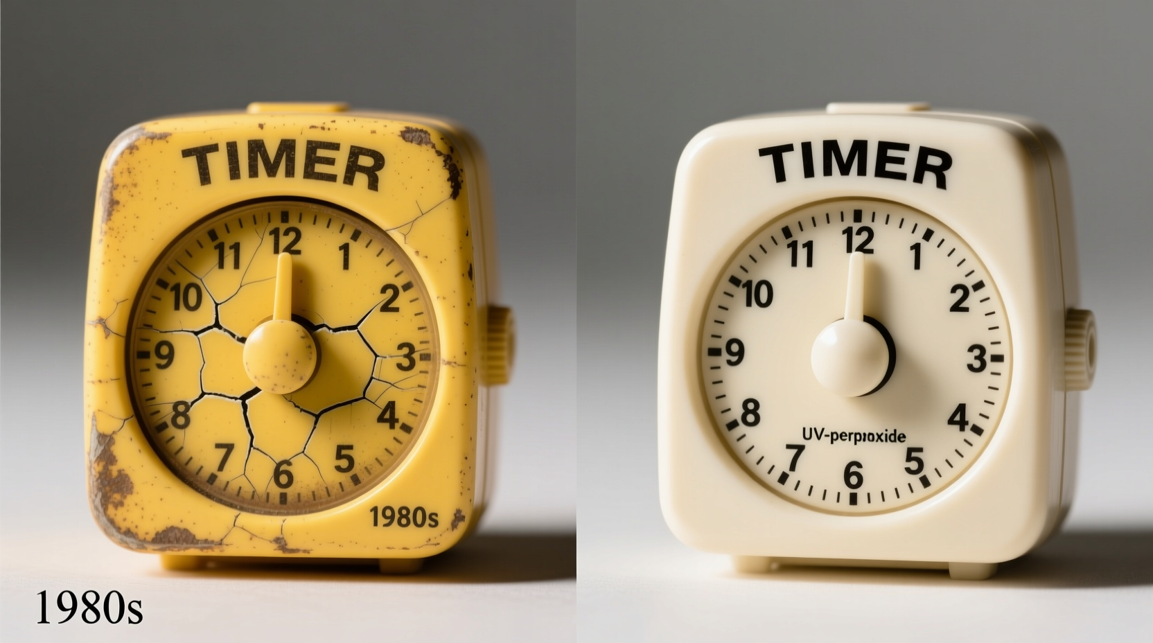 Side-by-side comparison of a yellowed 1980s kitchen timer before and after 24-hour UV-peroxide treatment, showing restored ivory-white plastic with crisp lettering and no gloss loss