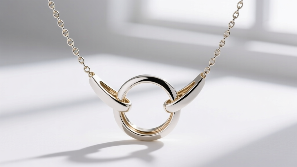 Close-up of hidden bail on white gold eclipse necklace showing how the chain threads through the overlapping back plates