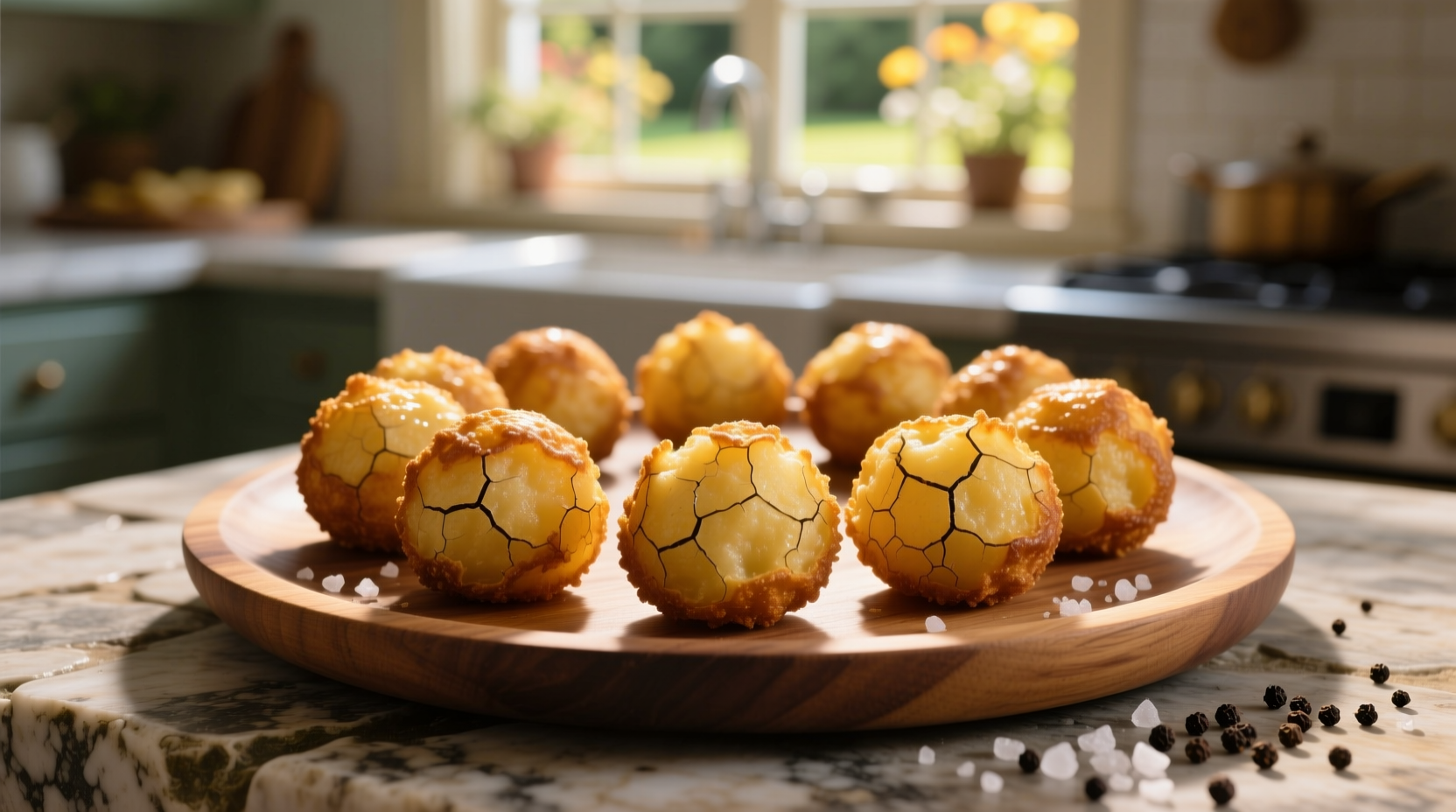 Golden brown crispy potato balls on serving platter