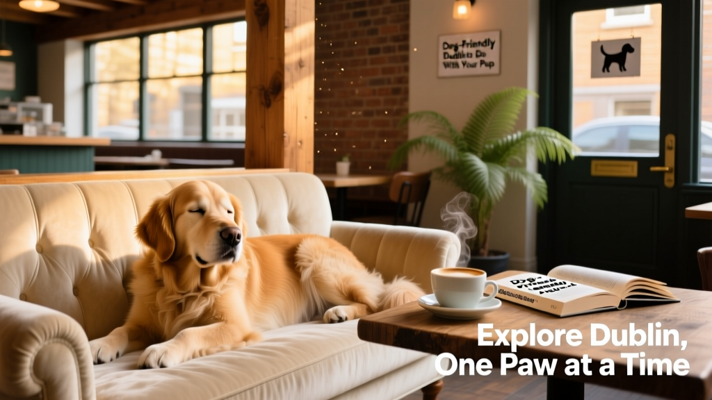 Close-up of a contented dog resting on a plush sofa inside a cozy café