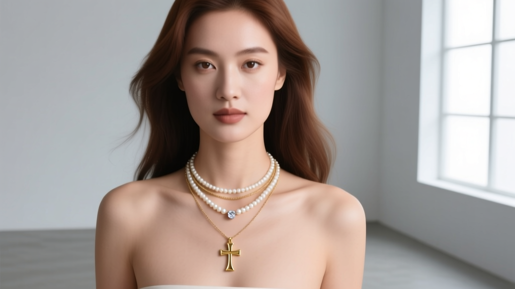 Woman wearing a layered necklace stack featuring a small gold ichthus pendant, a tiny pearl, and a delicate diamond solitaire